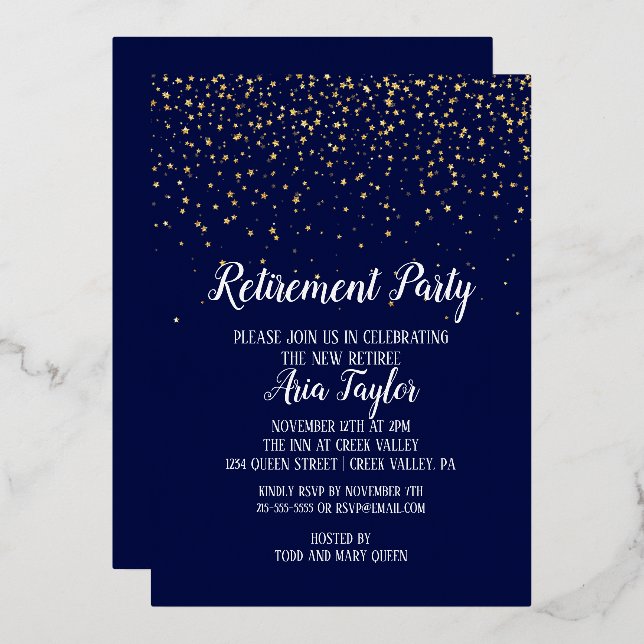 Gold Confetti über das Party Gold des Blue Retirem Folieneinladung (Vorderseite/Rückseite)