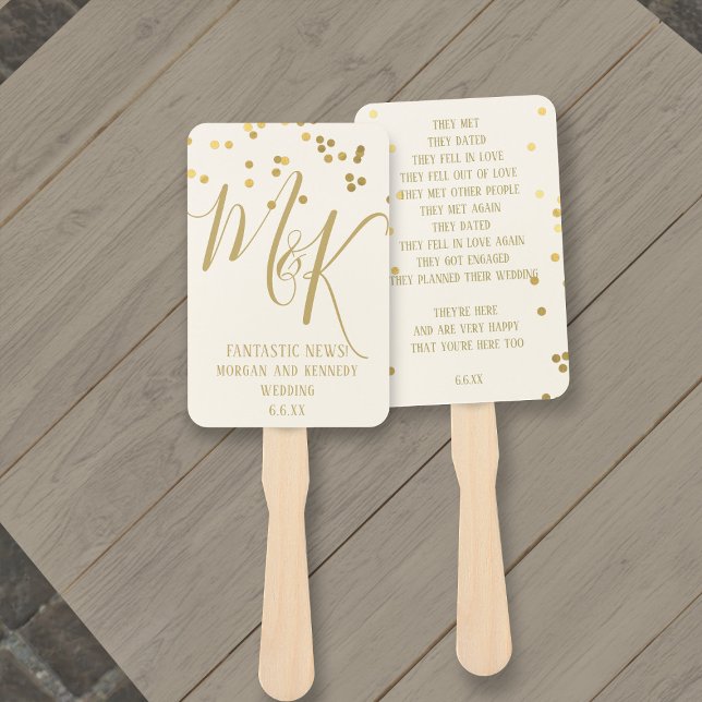 Gold Confetti über Ecru Wedding Program Handfans Fächer (Gold Confetti on Ecru Wedding Program Hand Fans with space for your details)