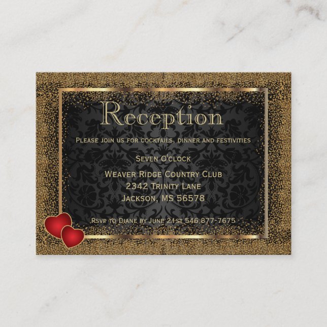Gold Confetti und Black Damask - Empfang Begleitkarte (Vorderseite)