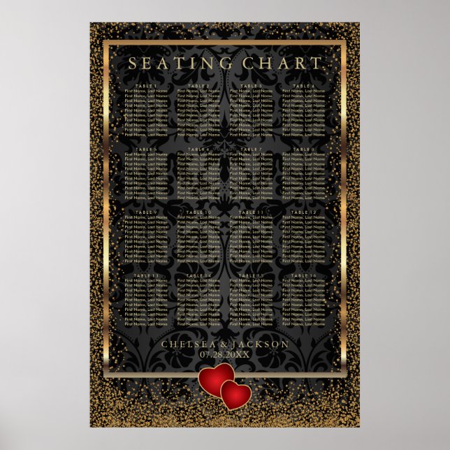 Gold Confetti und Black Damask - Sitzkarte Poster (Vorne)