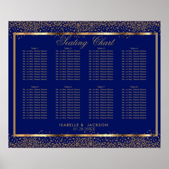 Gold Confetti und Dunkelblau - 8 Sitzkarten Poster (Vorne)