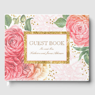 Gold Confetti und rosa Blume Chic Wedding Gästebuch