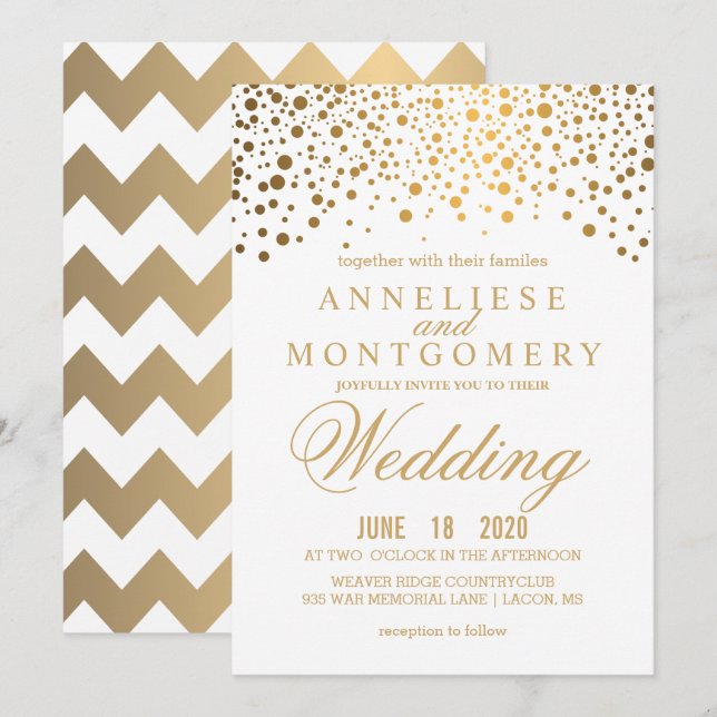 Gold Confetti und White Wedding Einladung (Vorne/Hinten)