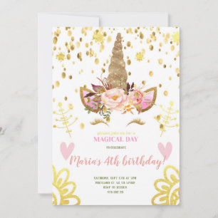 Gold Confetti Unicorn face Anniversaire Invitation