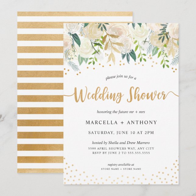 Gold Confetti + Weiße Blumenpaare Einladung (Vorne/Hinten)