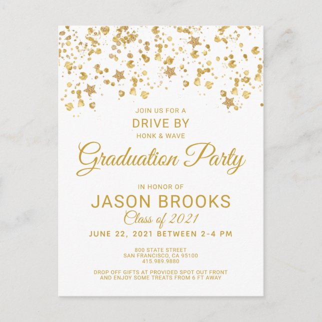 Gold Confetti White Graduation Party Drive by Ankündigungspostkarte (Vorderseite)