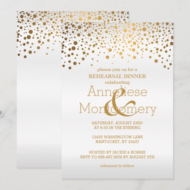 Gold Confetti & White Rehearsal Dinner Einladung (Vorne/Hinten)
