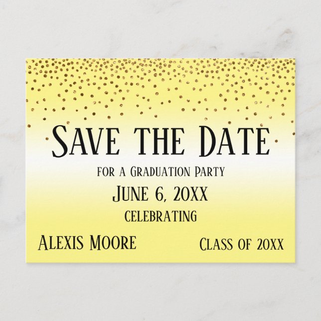 Gold Confetti Yellow Abschluss Save the Date Postkarte (Vorderseite)