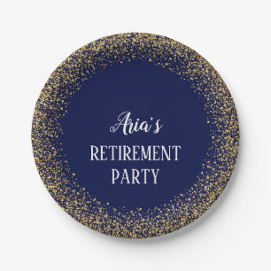 Gold Confetti zu Tellern des Blue Retirement Party Pappteller