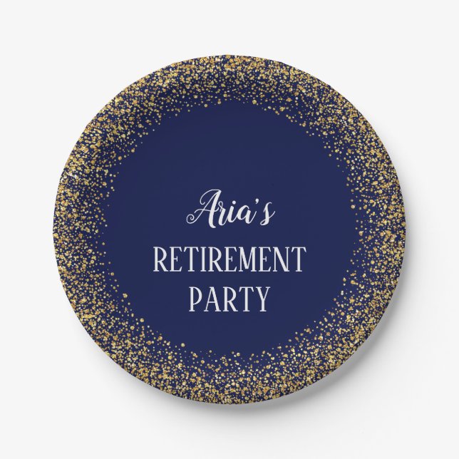 Gold Confetti zu Tellern des Blue Retirement Party Pappteller (Vorderseite)