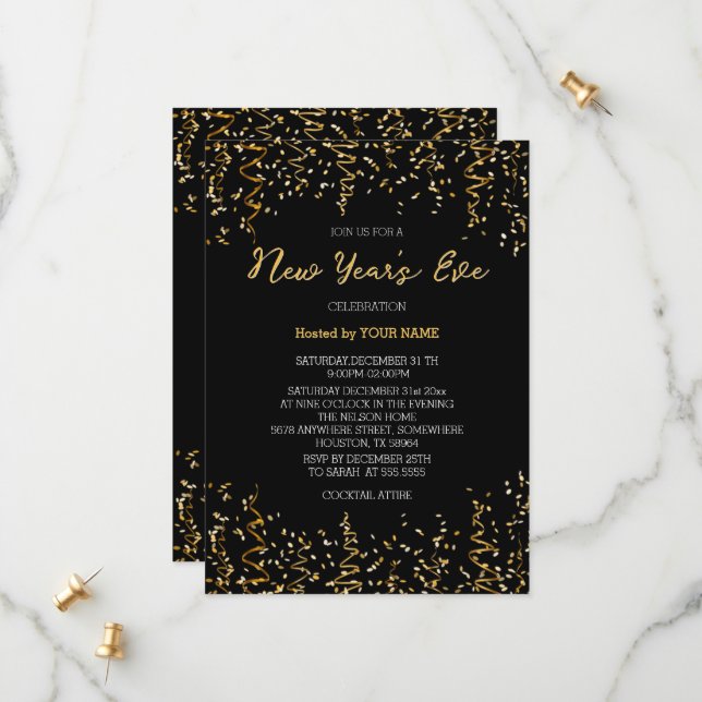 Gold Conffeti Schwarz Elegant Neujahrsvortrag Save The Date (Vorderseite/Rückseite Beispiel)
