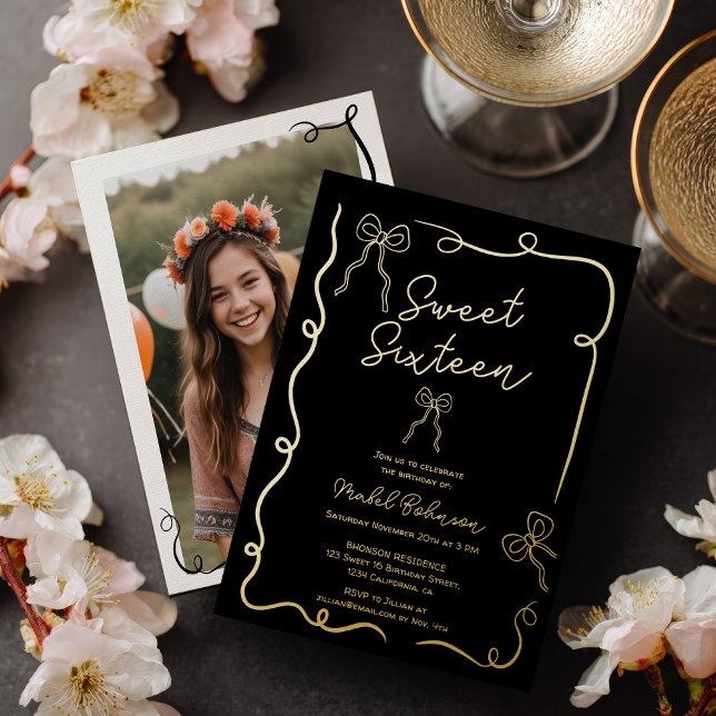 Gold Coquette bows ribbons illustrations Sweet 16 Folieneinladung (Gold Coquette bows ribbons illustrations Sweet 16 Foil Invitation)