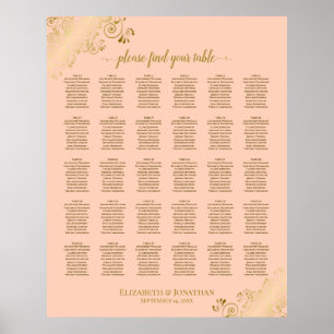 Gold & Coral Peach 30 Table Wedding Chart Poster
