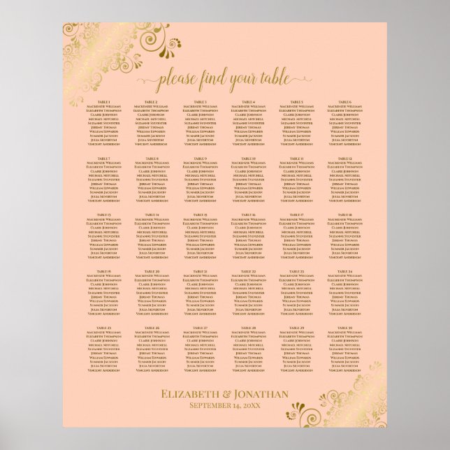 Gold & Coral Peach 30 Table Wedding Chart Poster (Vorne)