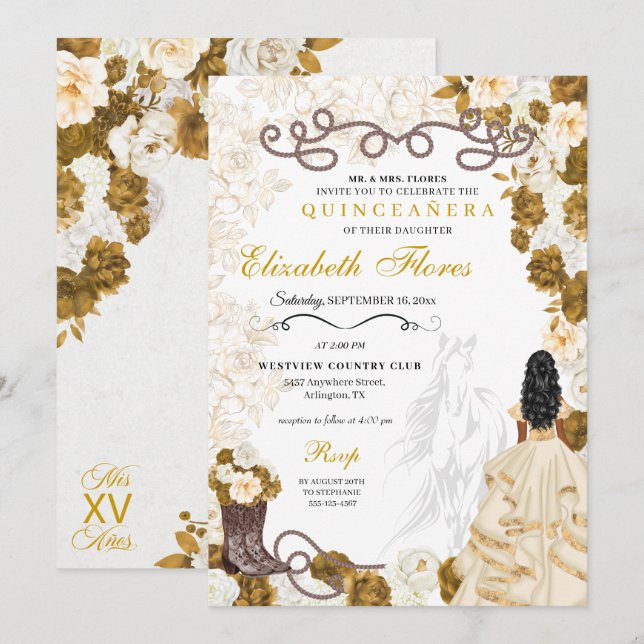 Gold Cowgirl Charro Western Quinceañera Einladung (Vorne/Hinten)
