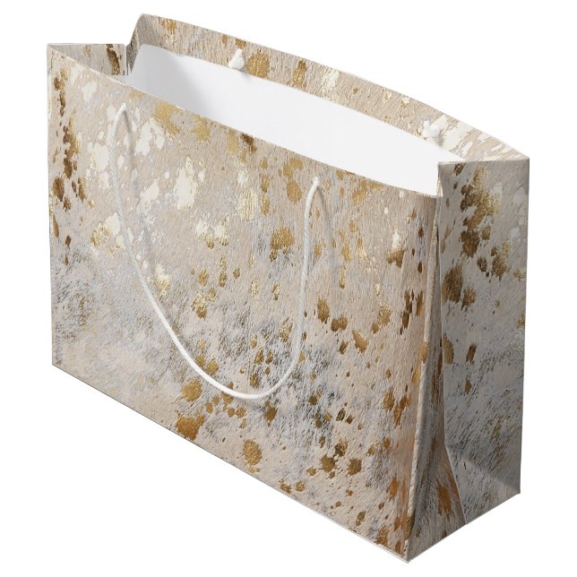 Gold Cowhide Print Metallic Große Geschenktüte (Rückseite Schrägansicht)