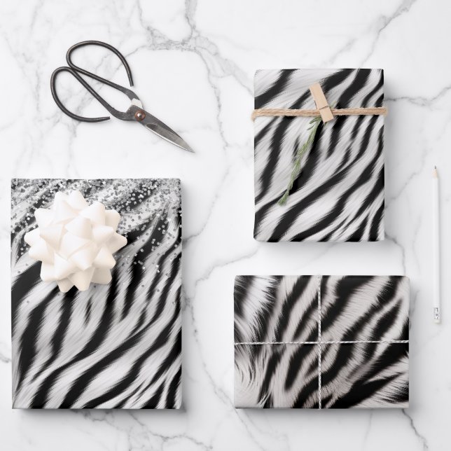 Gold Cream Glitzy Glitzer Zebra Print Geschenkpapier Set (Vorderseite)