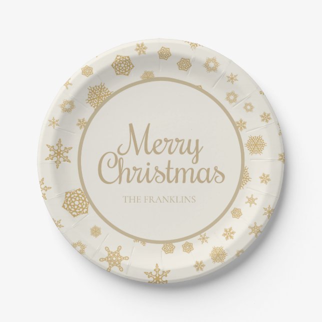 Gold Cream Snowflakes Familie Name Frohe Weihnacht Pappteller (Vorderseite)