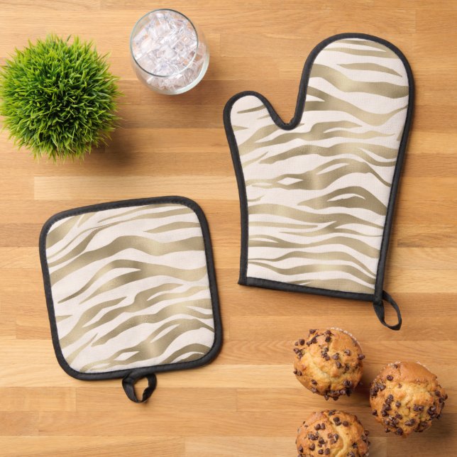 Gold Cream Zebra Print Ofenhandschuh & Topflappen-Set (Oben Unten)