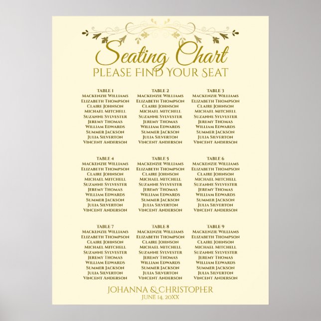 Gold & Creme Einfache 9 Tisch Hochzeitskarte Poster (Vorne)