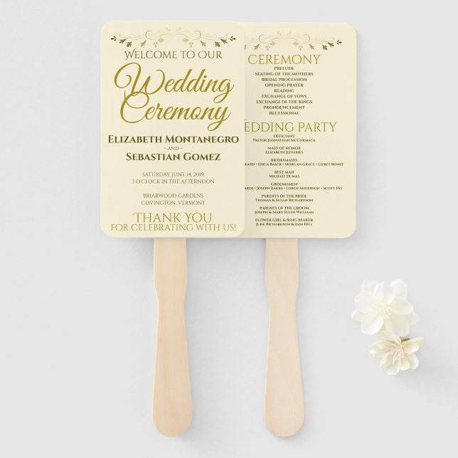 Gold & Creme Elegantes Hochzeitsprogramm Geblüht Fächer (Vorne und Hinten)