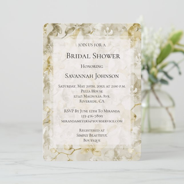 Gold Creme Orchid Blume Brautparty Einladung (Stehend Vorderseite)