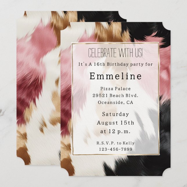 Gold Creme Pink Black Cowgirl Cowhide Einladung (Vorne/Hinten)