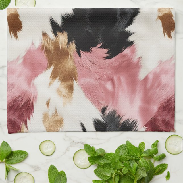 Gold Creme Pink Black Cowgirl Cowhide Geschirrtuch (Gefaltet)