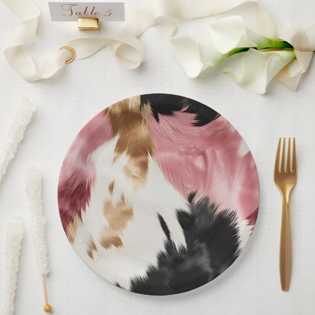 Gold Creme Pink Black Cowgirl Cowhide Pappteller (Hochzeit)