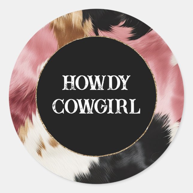 Gold Creme Pink Black Cowgirl Cowhide Runder Aufkleber (Vorderseite)