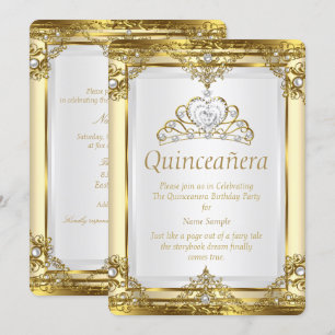 Gold Creme Weiße Perlen Prinzessin Quinceanera Einladung