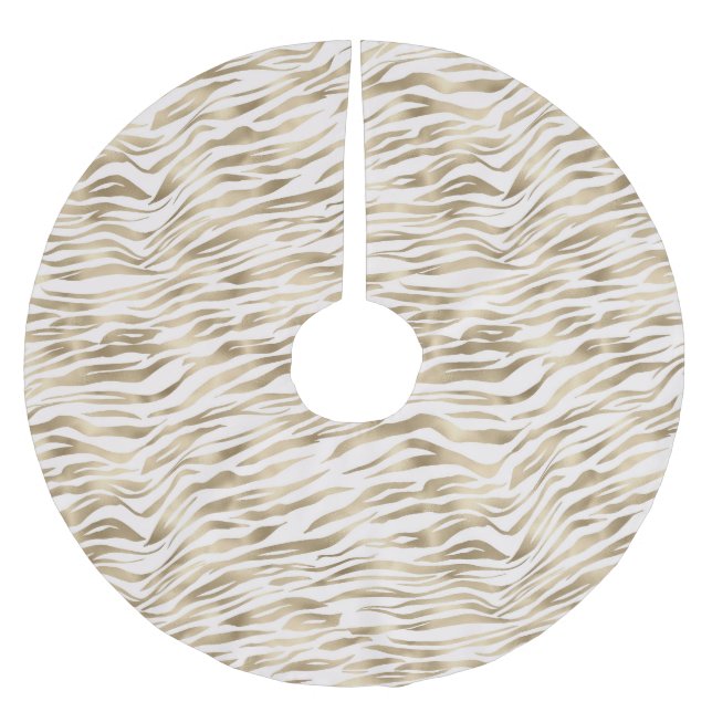 Gold Creme White Zebra Animal Print Polyester Weihnachtsbaumdecke (Vorderseite)