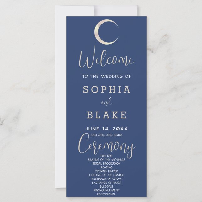 Gold Crescent Moon Celestial Blue Wedding Program (Vorderseite)