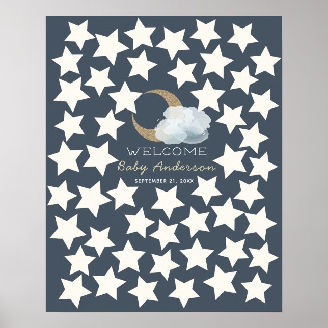 Gold Crescent Moon Midnight Blue Gästebuchsignatur Poster (Vorne)