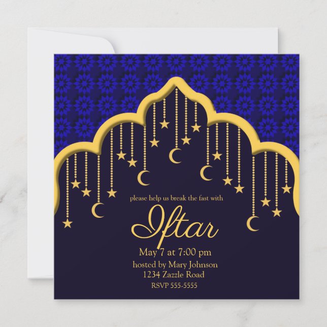 Gold Crescent Moons & Stars Ramadan, blau Einladung (Vorderseite)