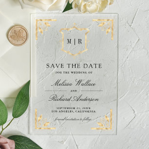 Gold Crest Monogram Hochzeit Vormerkung Acryleinladungen