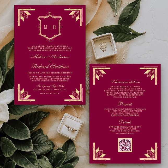 Gold Crest Monogram QR Code Magenta Wedding Einladung (Von Creator hochgeladen)