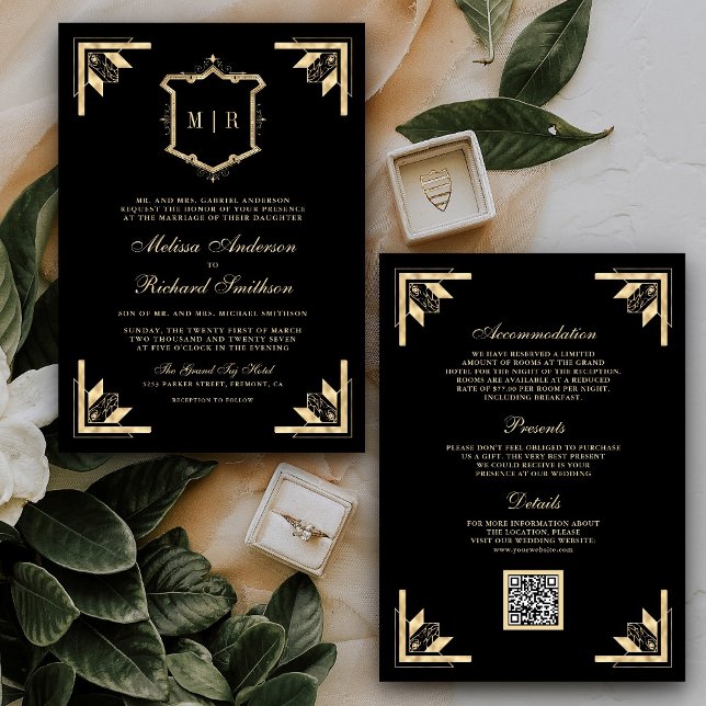 Gold Crest Monogram QR Code Schwarz Hochzeit Einladung (Von Creator hochgeladen)
