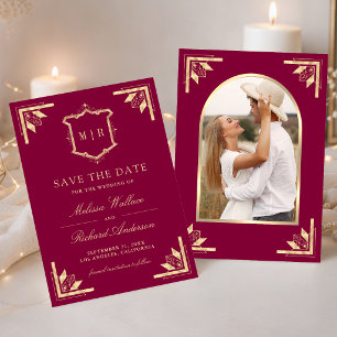 Gold Crest Monogramm Foto Magenta Hochzeit Save The Date
