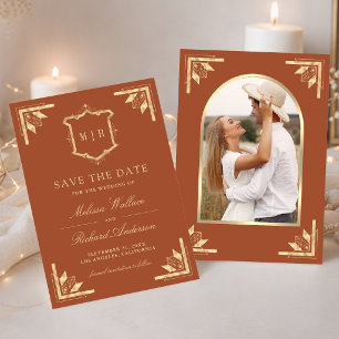 Gold Crest Monogramm Foto Terrakotta Hochzeit Save The Date