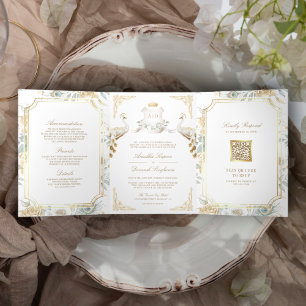 Gold Crest Royal Indian Weißer Pfau Hochzeit Dreifach Gefaltete Einladung