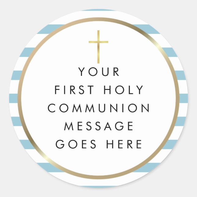 Gold Cross Blue Stripe Heilige Kommunion Message Runder Aufkleber (Vorderseite)