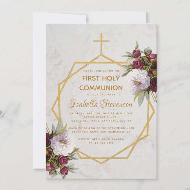 Gold-Cross-Burgund-Peonies-Marmor der ersten Kommu Einladung (Vorderseite)