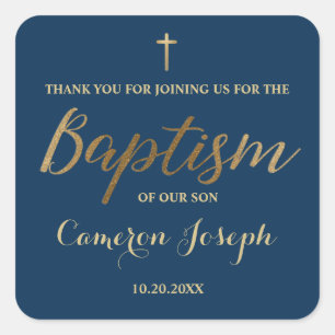 Gold Cross Custom Baby Boy Taufe Navy Blue Quadratischer Aufkleber
