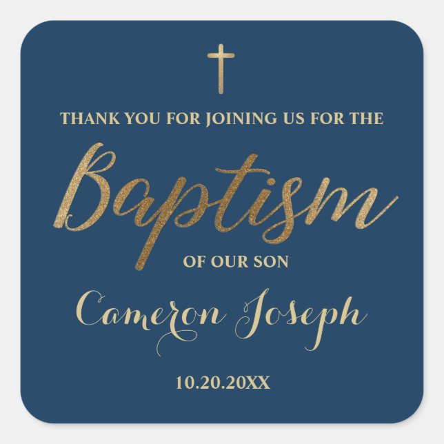 Gold Cross Custom Baby Boy Taufe Navy Blue Quadratischer Aufkleber (Vorderseite)