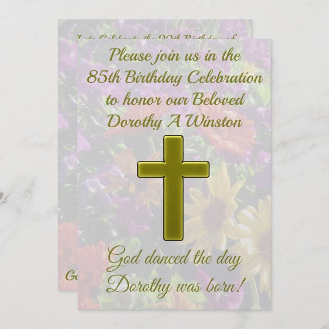GOLD CROSS ET FLORAL 85E ANNIVERSAIRE INVITATION (Devant / Derrière)