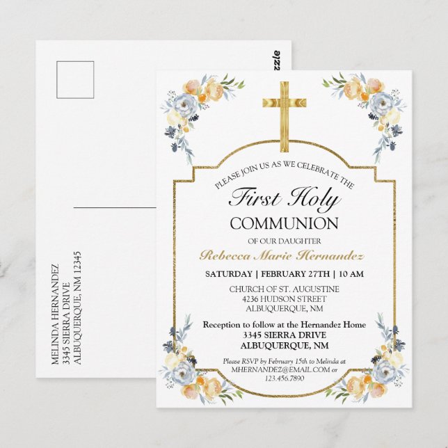 Gold Cross Floral 1ère Sainte Communion Invitation (Devant / Derrière)