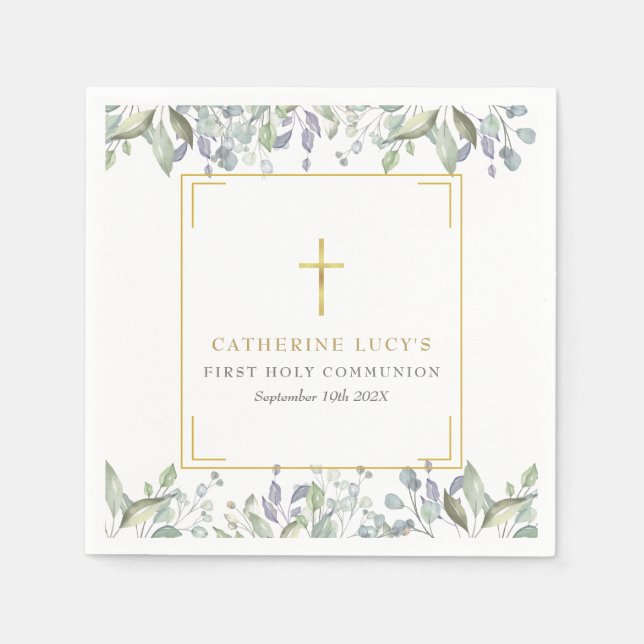 Gold Cross Floral First Heilige Kommune Serviette (Vorderseite)