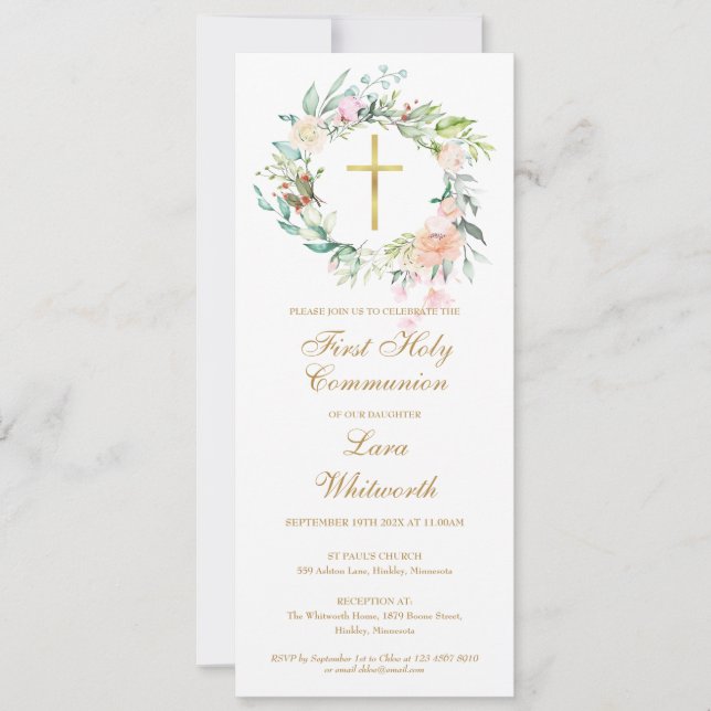 Gold Cross Floral First Holy Communion Invitation (Devant)
