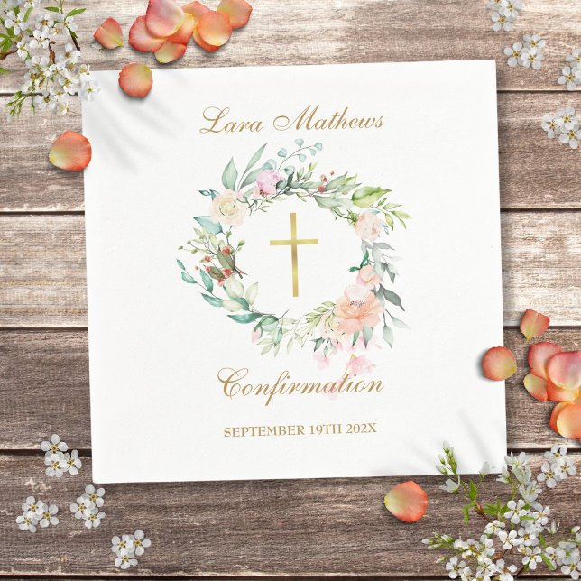 Gold Cross Floral Garland Bestätigung Serviette (Confirmation Gold Cross Floral Garland Napkins)